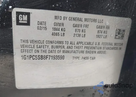 2015 Chevrolet Cruze 1Lt Auto из США, поврежденный, VIN 1G1PC5SB8F7193590